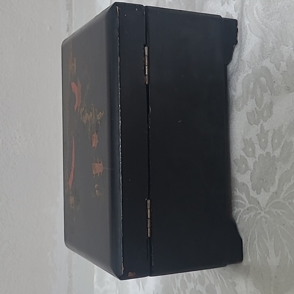 Vintage Japanese Lacquer Jewelry Box Rosewood Brass Inlay Red Velvet Mid Century - Picture 5 of 8